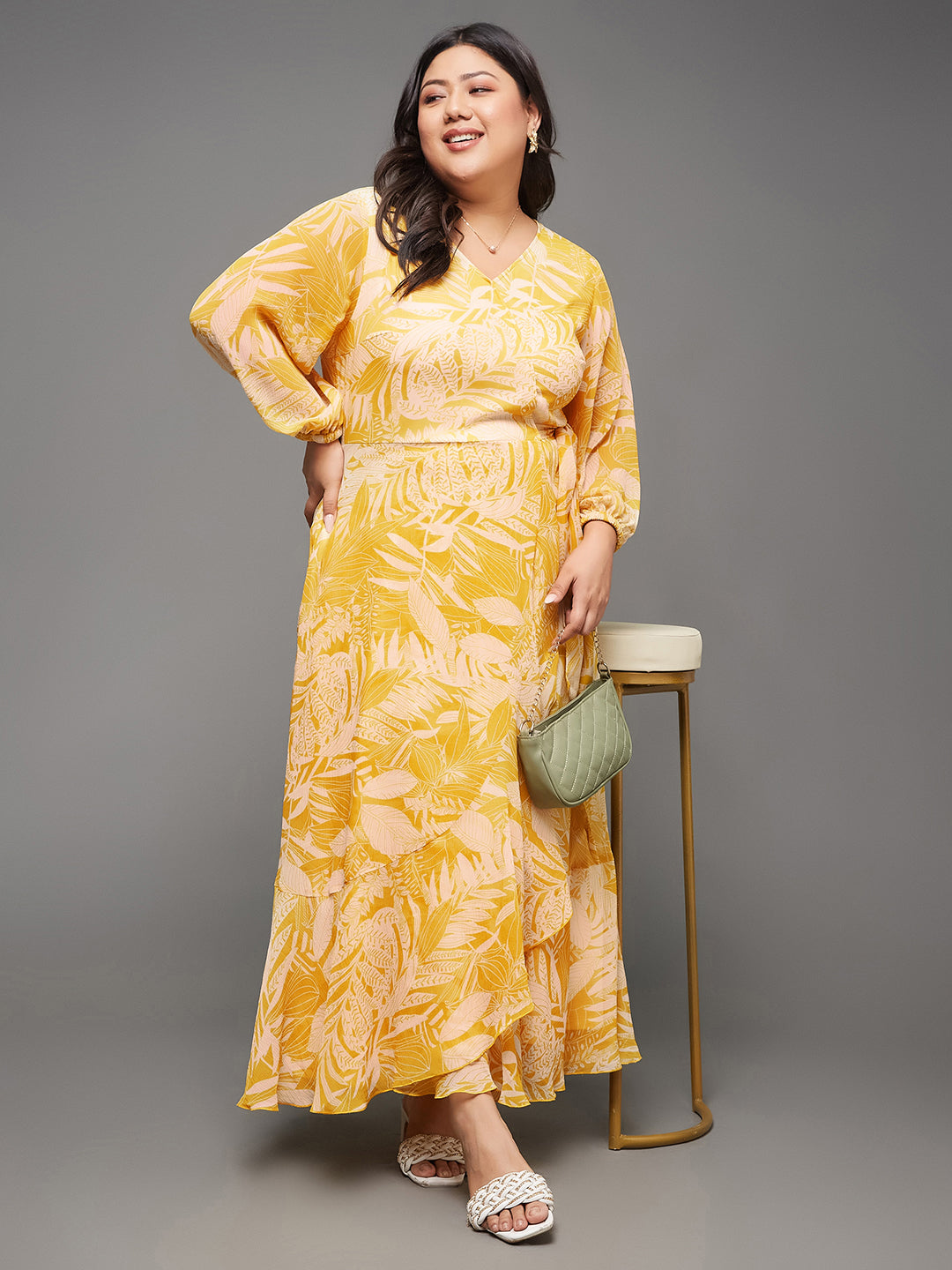 Women's Yellow & White V neck Full sleeve Floral Layered Maxi Dress