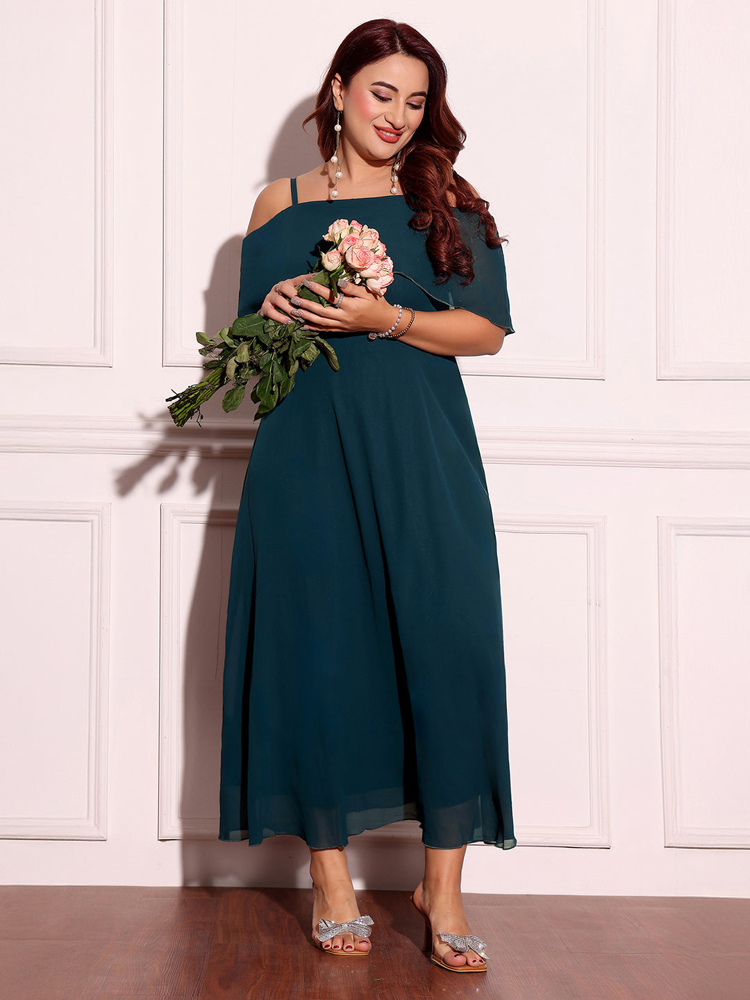 Women's Teal Bardot Style Sleeveless Spaghetti-Straps Solid Off-Shoulder Midi Skater Dress