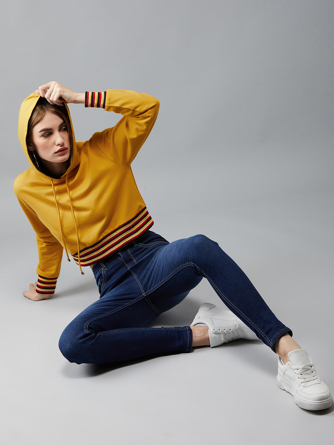 Women's Mustard Yellow Hooded Full Sleeves Loopknit, Rib Solid Boxy Cropped Eyelet Detailing Sweatshirt