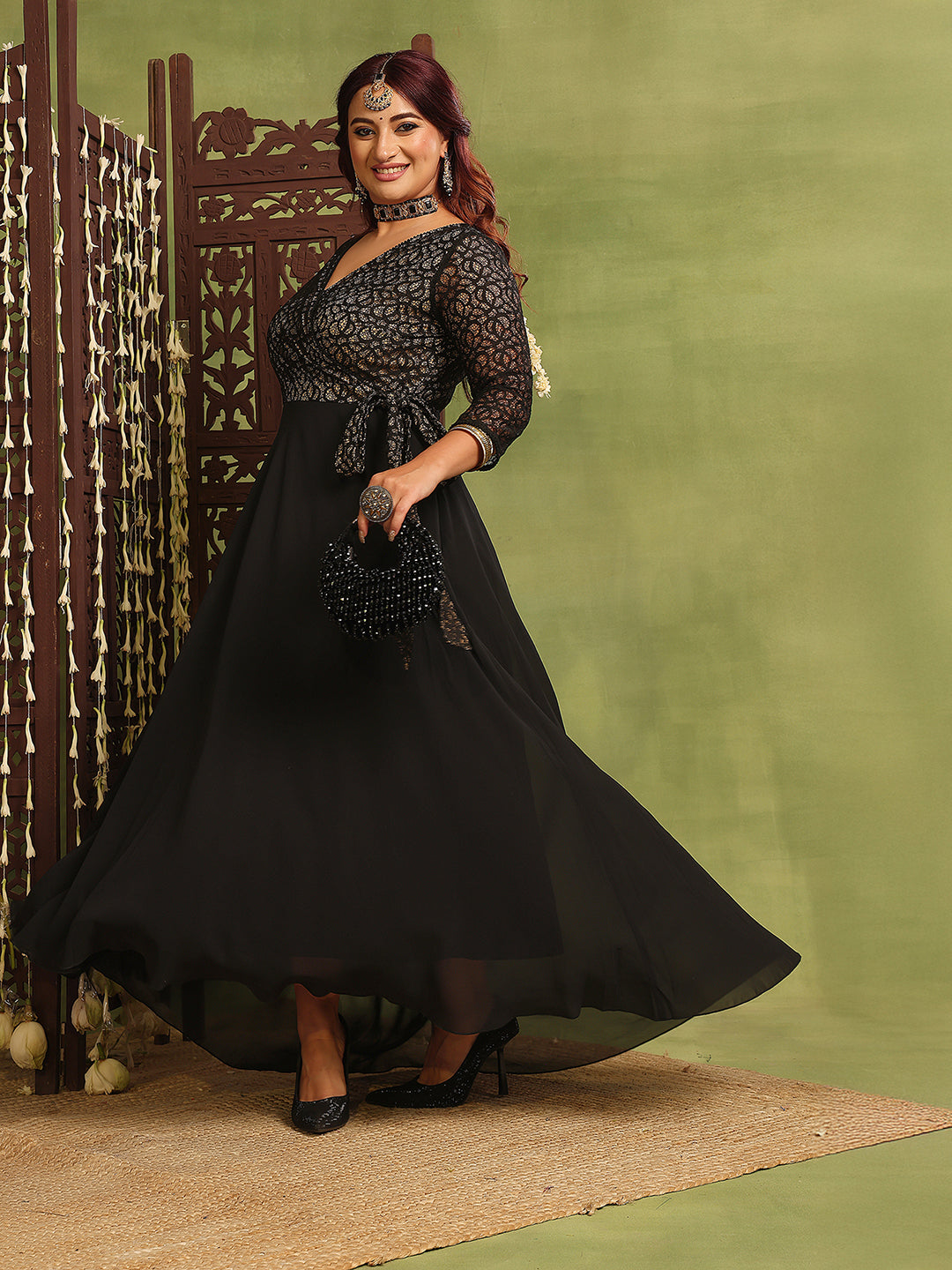Women's Black Self-Designed Relaxed-Fit V-Neck 3/4th Sleeve Georgette And Lace Maxi Dress