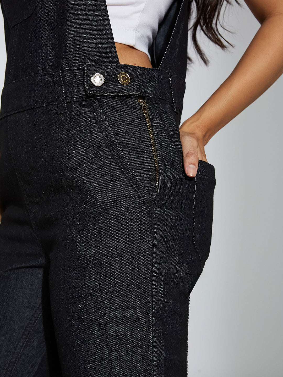 Women's Black High-Rise Clean-Look Regular Stretchable Skinny Denim Dungaree