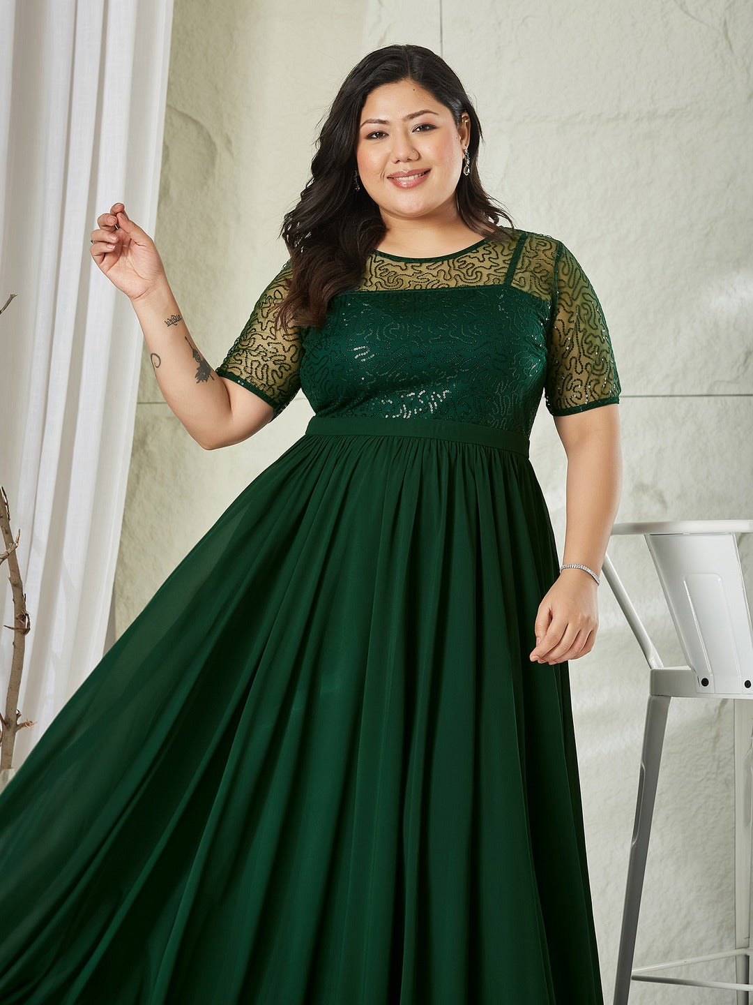 Dark Green Relaxed Fit Maxi Georgette & Sequins Dress for Women