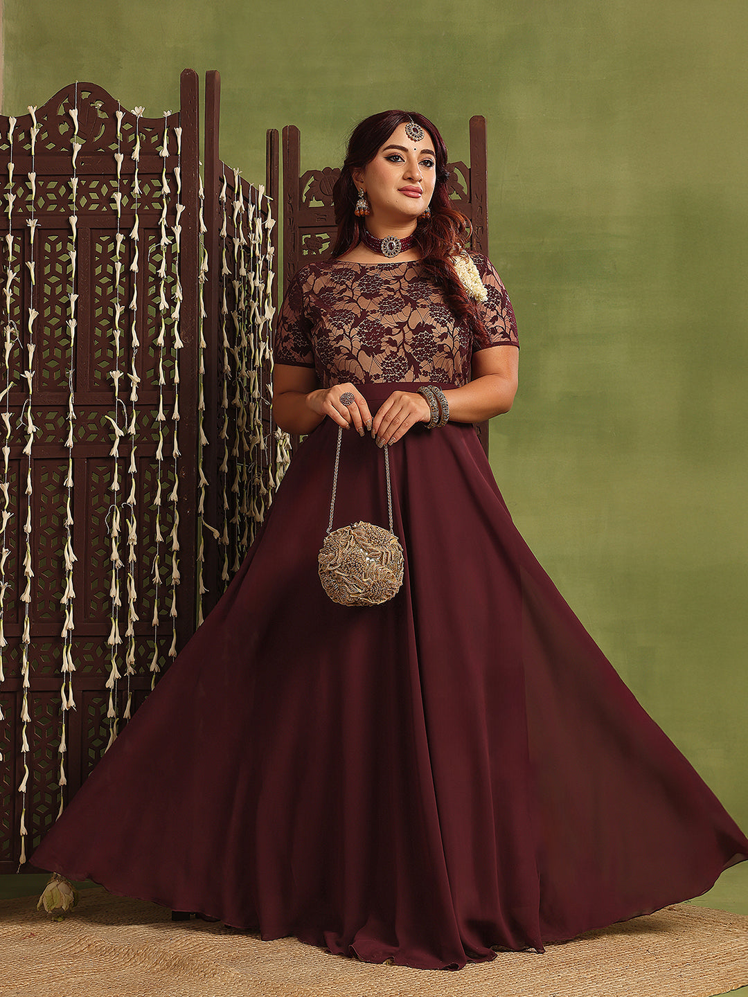 Women's Wine & Beige Relaxed-Fit Georgette Dress