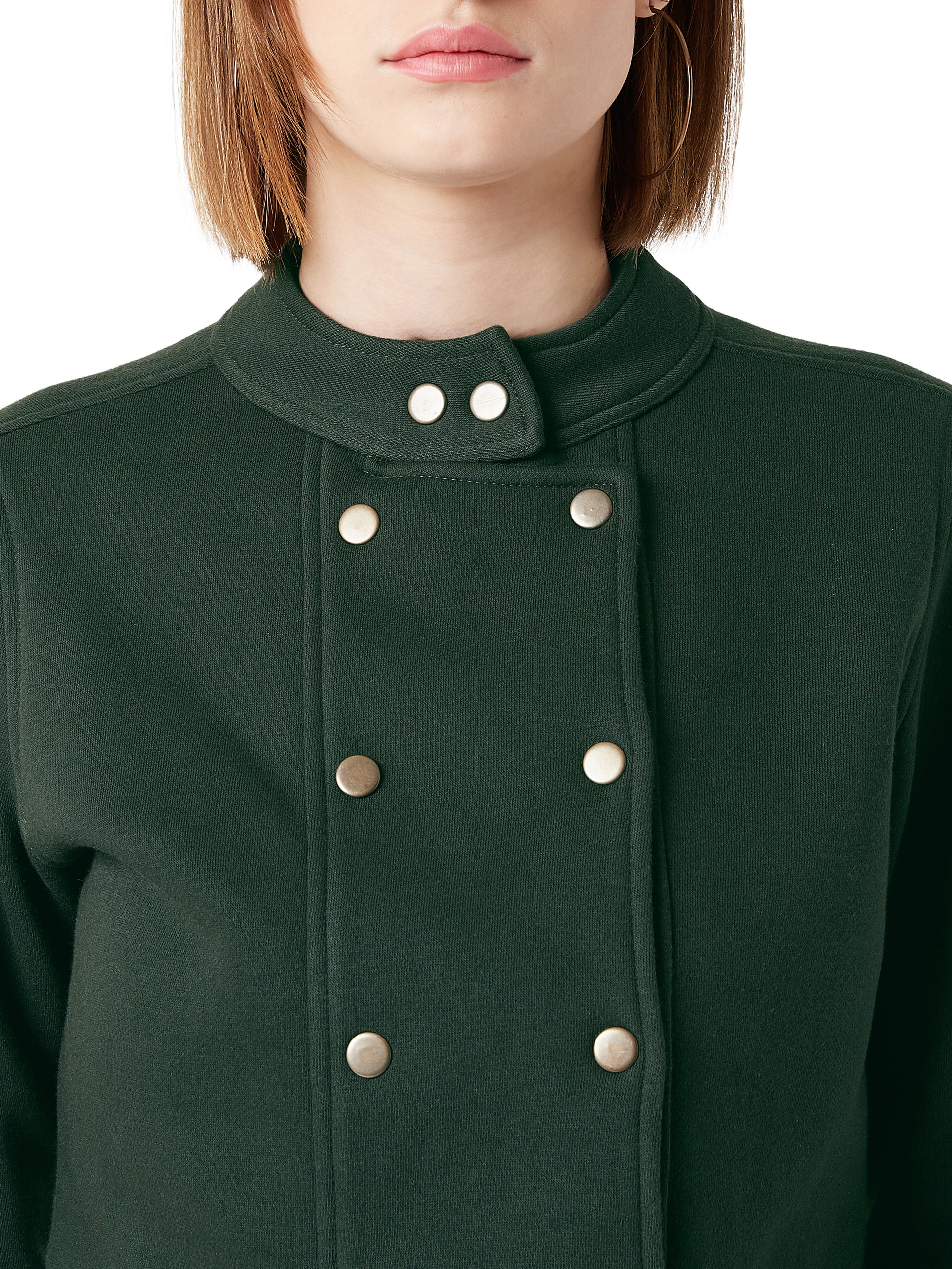 Green Round Neck Full Sleeves Cotton Paneled Cropped Jacket for Women — Miss Chase