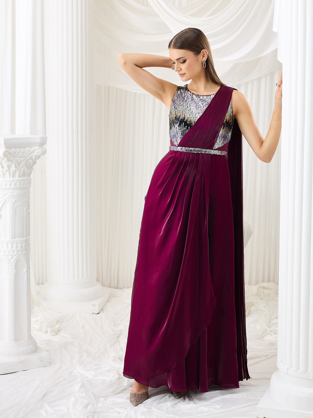 Round Neck Gown in Dark Purple with Embellished Satin Layers for Women