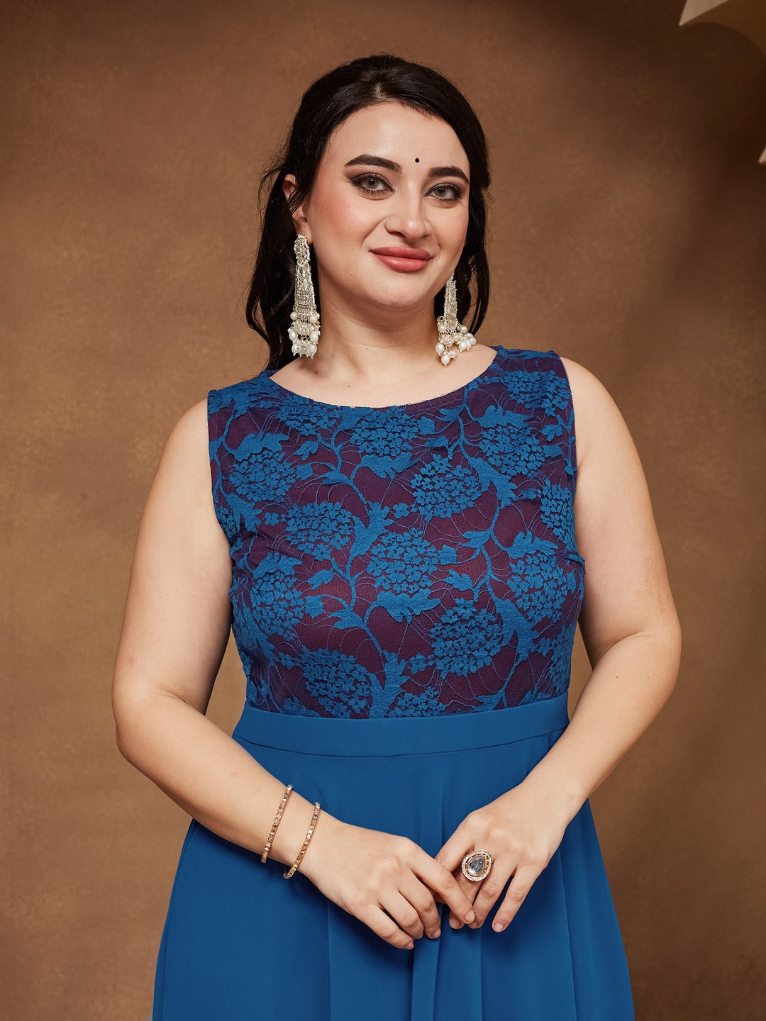 Royal Blue Round Neck Sleeveless Georgette Floral Lace Fit & Flare Maxi Dress for Women — Miss Chase A+