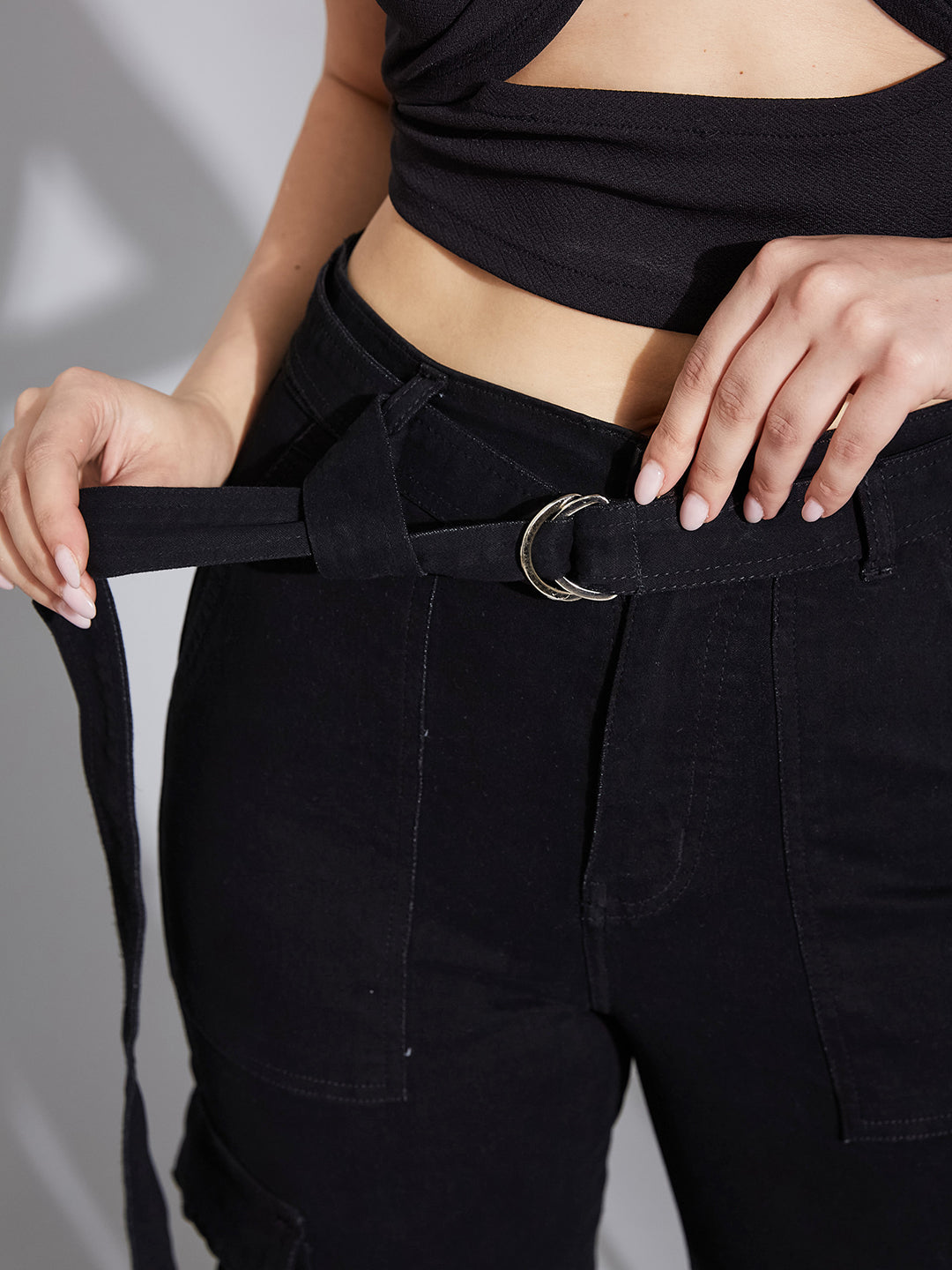 Women's Black Wide-Leg High-Rise Clean-Look Regular Stretchable Denim Jeans