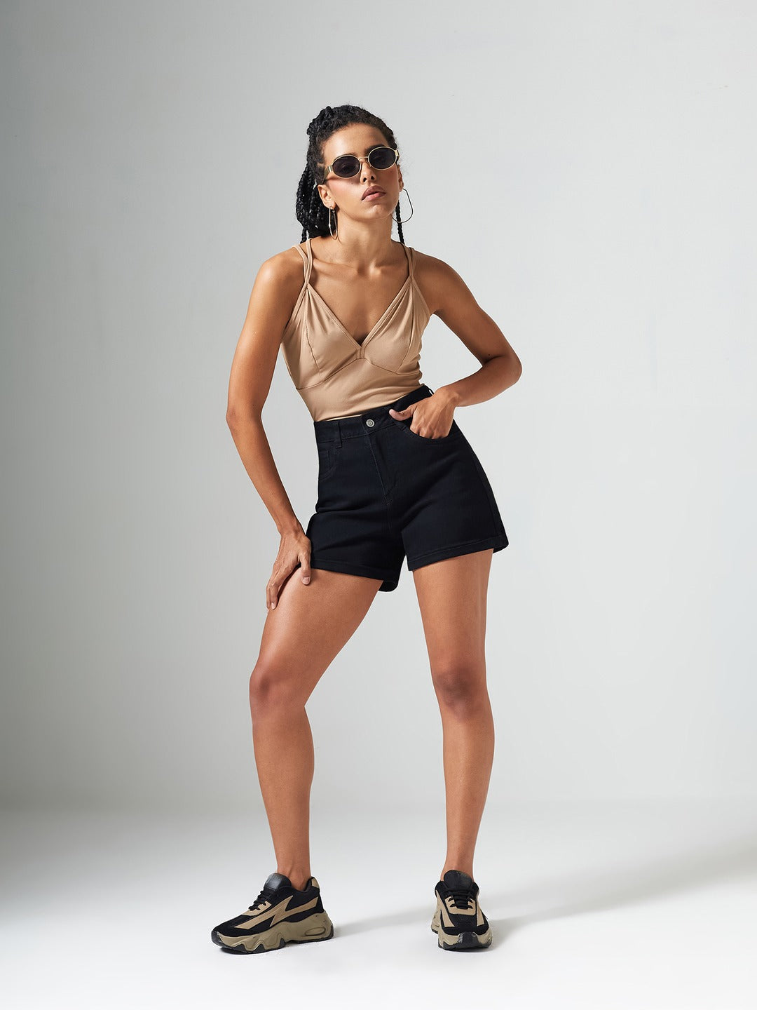 Black Flared High Rise Clean Look Regular Stretchable Denim Shorts for Women