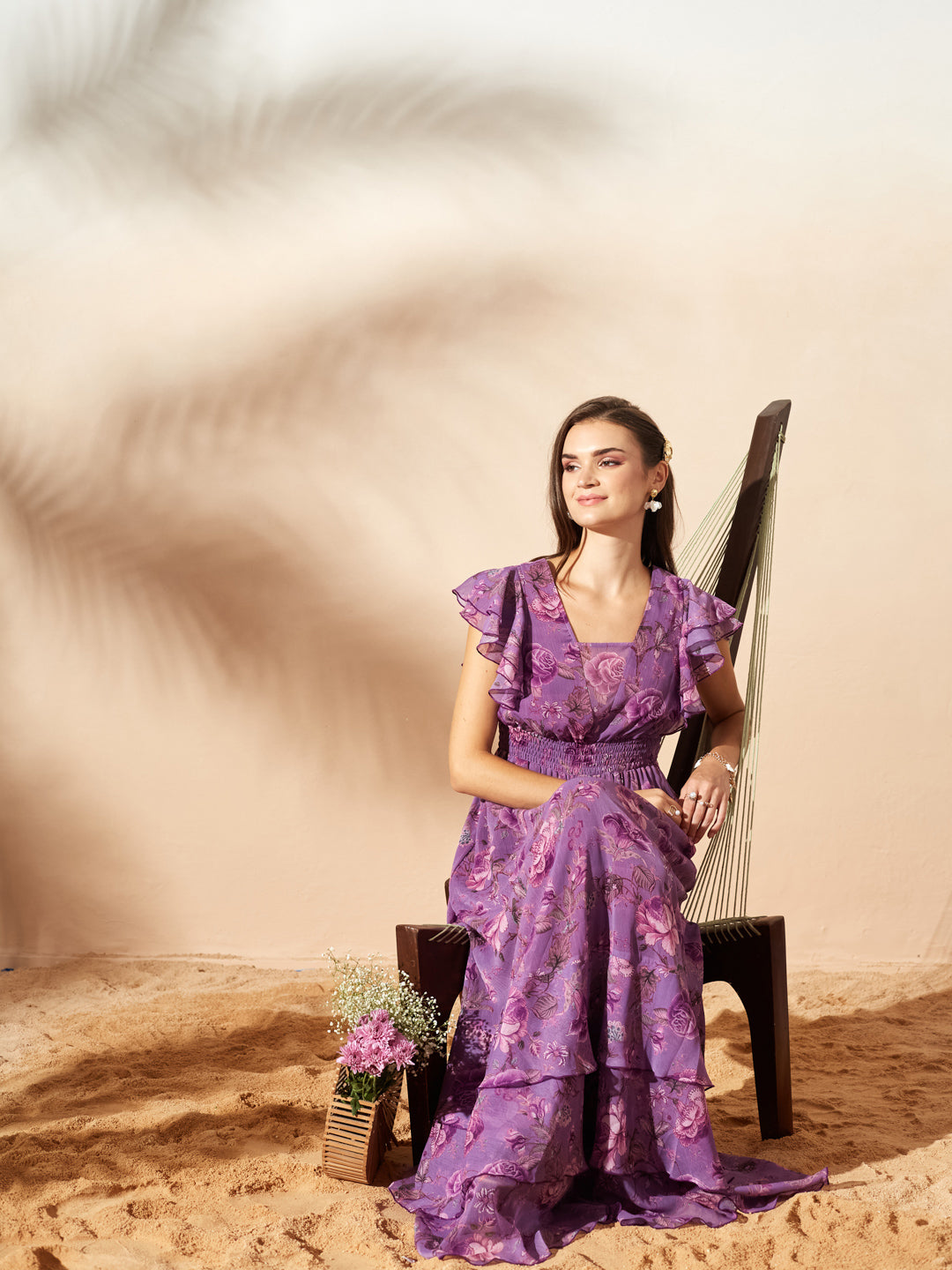 Lavender Tapered Square Neck Layered Ruffle Floral Ruffled Maxi Chiffon Dress for Women — Miss Chase
