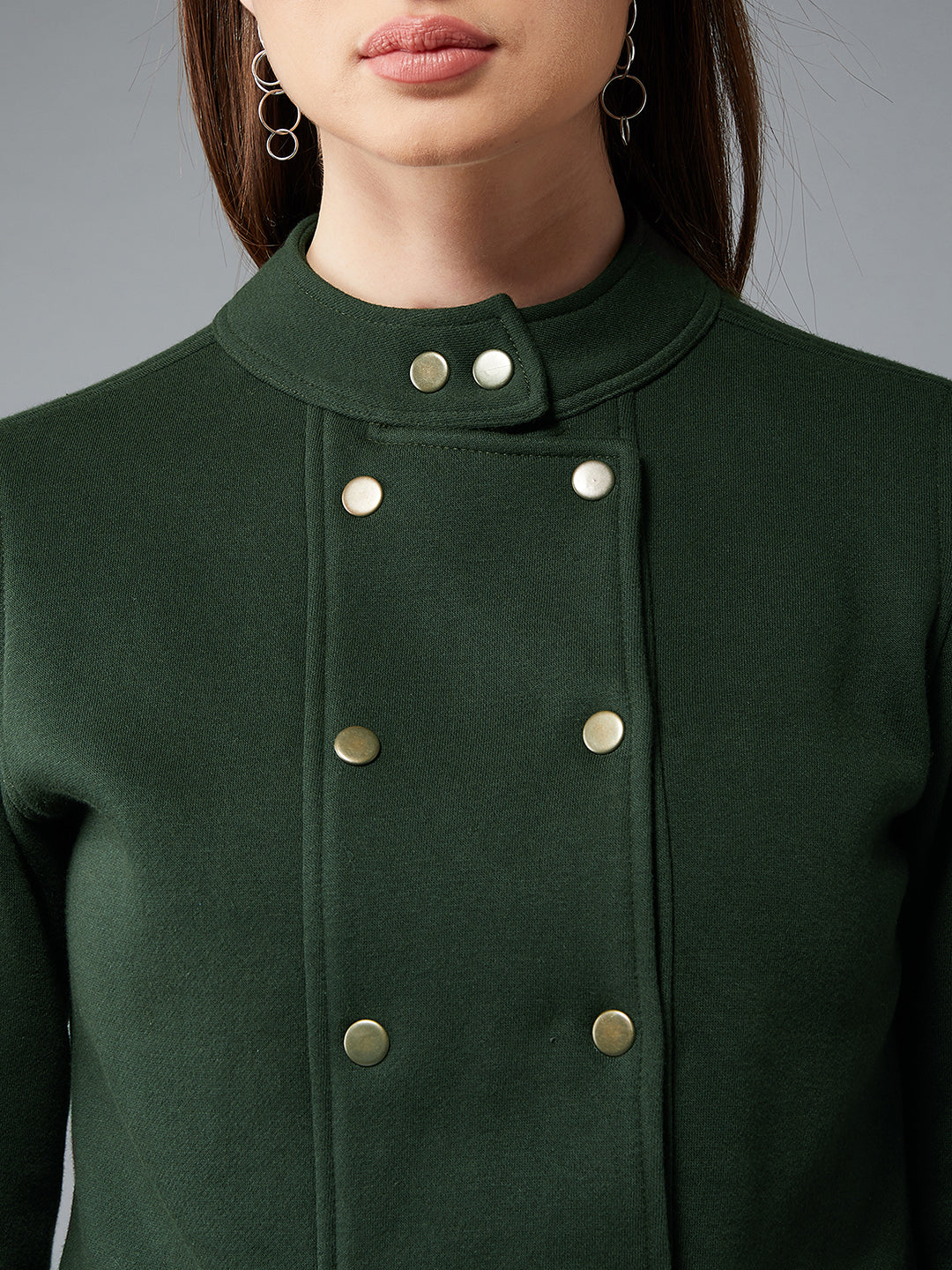 Women's Green Round Neck Full Sleeves Cotton Paneled Cropped Jacket