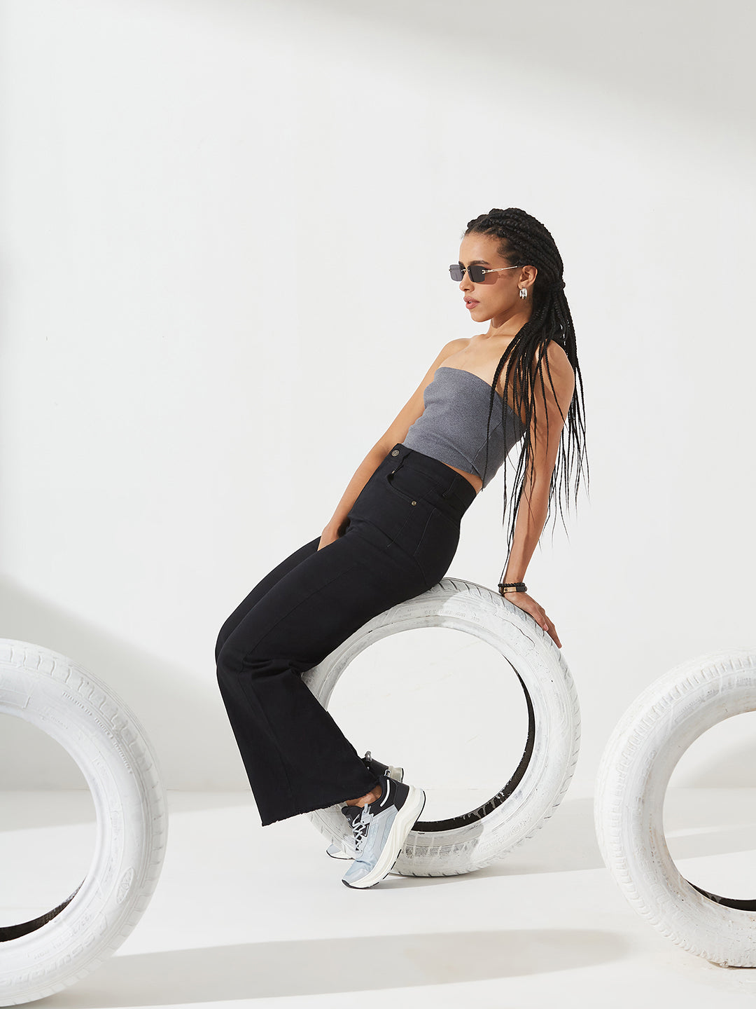 24/7 Comfort Black High-Rise Stretchable Wide-Leg Denim Jeans for Women