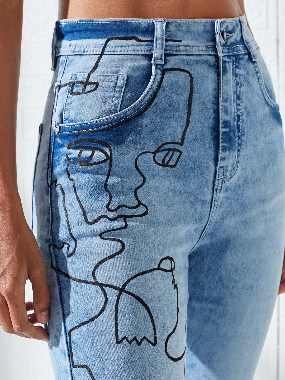 Hand-Painted Light Blue Mom Fit High-Rise Heavy Wash Stretchable Denim Jeans For Women