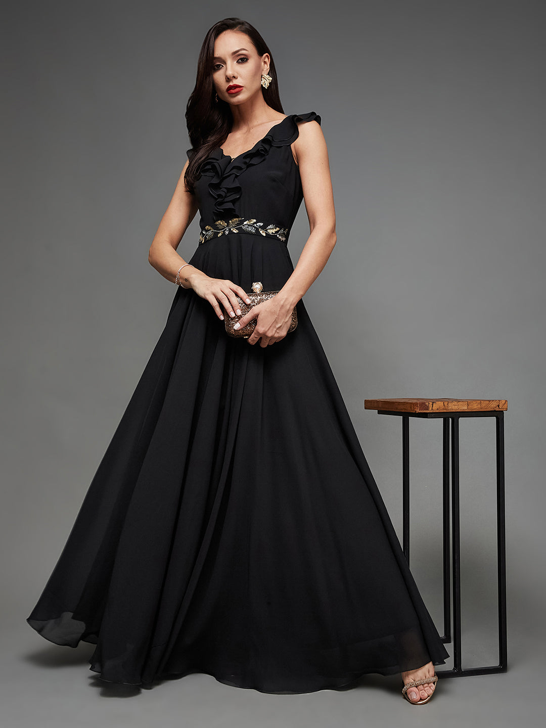 Cocktail Party Black Sleeveless Embroidered Ruffled Georgette Maxi Dress