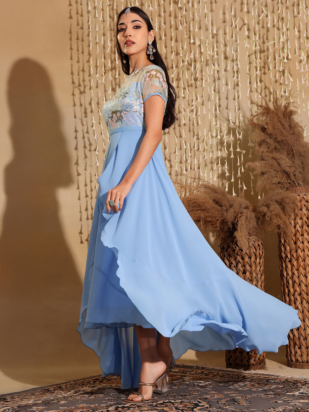 Women's Multicolored-Base-Sky Blue Round Neck Short Sleeve Floral Layered Georgette Midi Dress