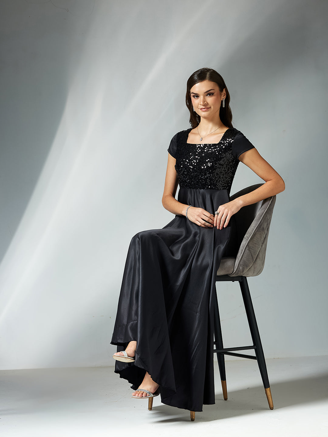 Women's Black Square Neck Short Sleeve Embellished Polyester Fit & Flare Maxi Dress
