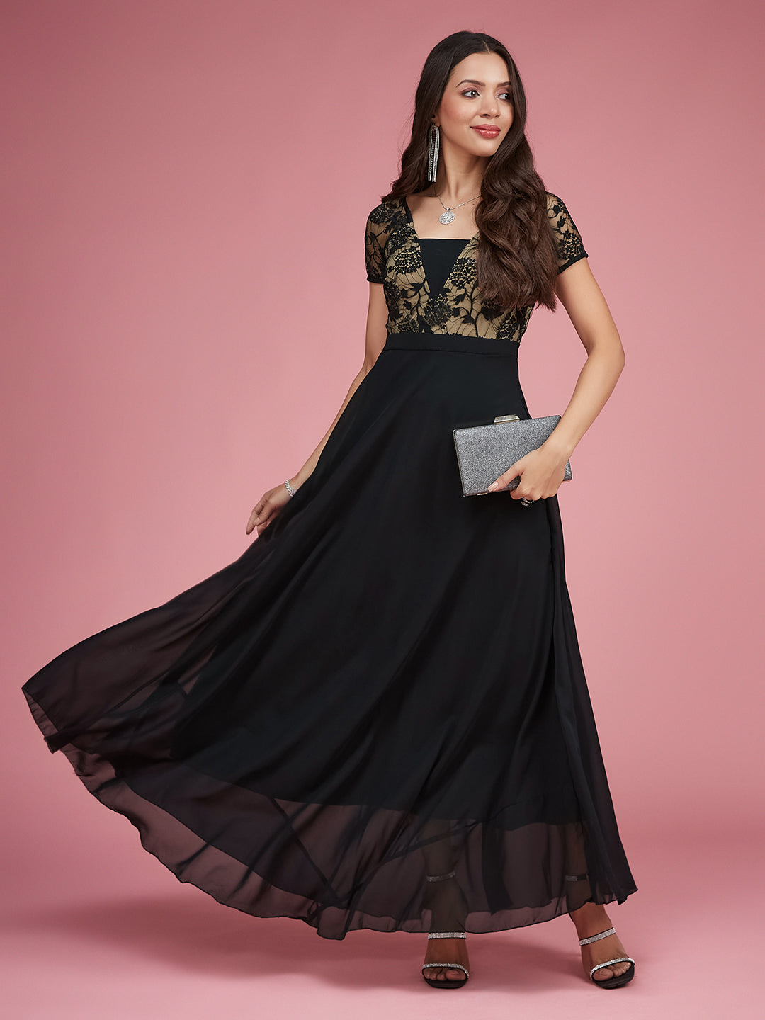 Women's Black Square Neck Raglan Short Sleeve Self Design Lace Overlaid Georgette Maxi Dress