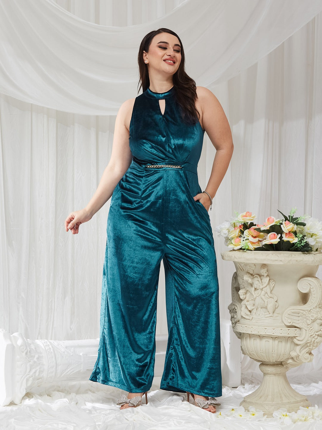 Teal Choker Neck Sleeveless Solid Pleated Regular Jumpsuit for Women — Miss Chase A+