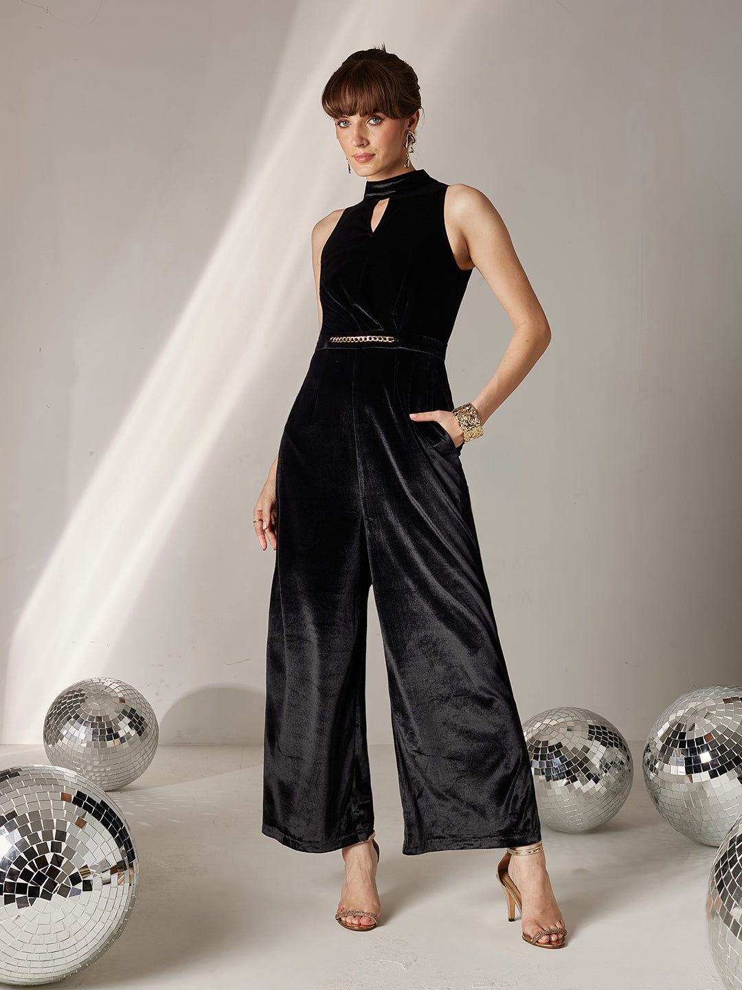 Women's Black Choker Neck Sleeveless Solid Pleated Regular Jumpsuit