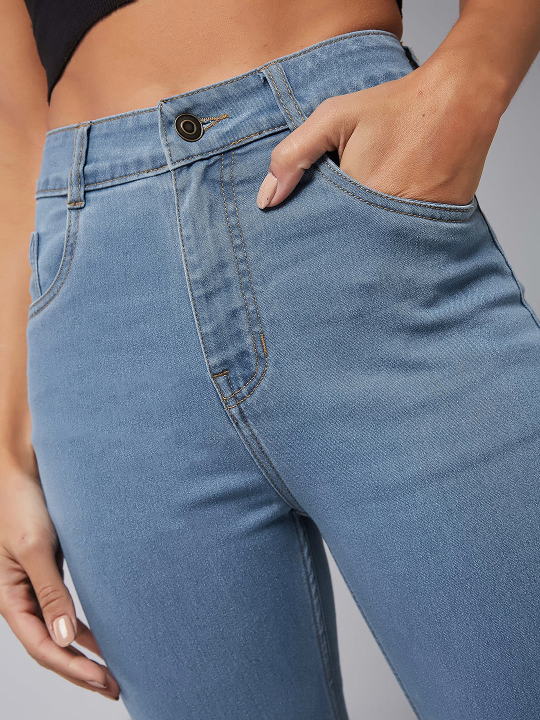Women's Light Blue Bootcut High-Rise Clean-Look Regular Stretchable Denim Jeans