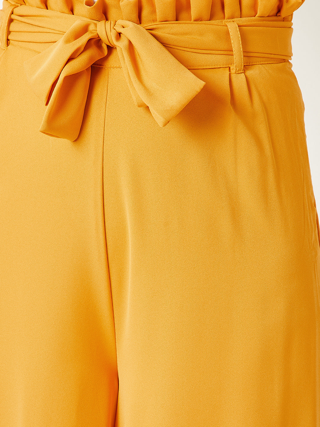 Women's Yellow Solid Regular Length Pleated Wide Leg Paper bag Flare Trouser