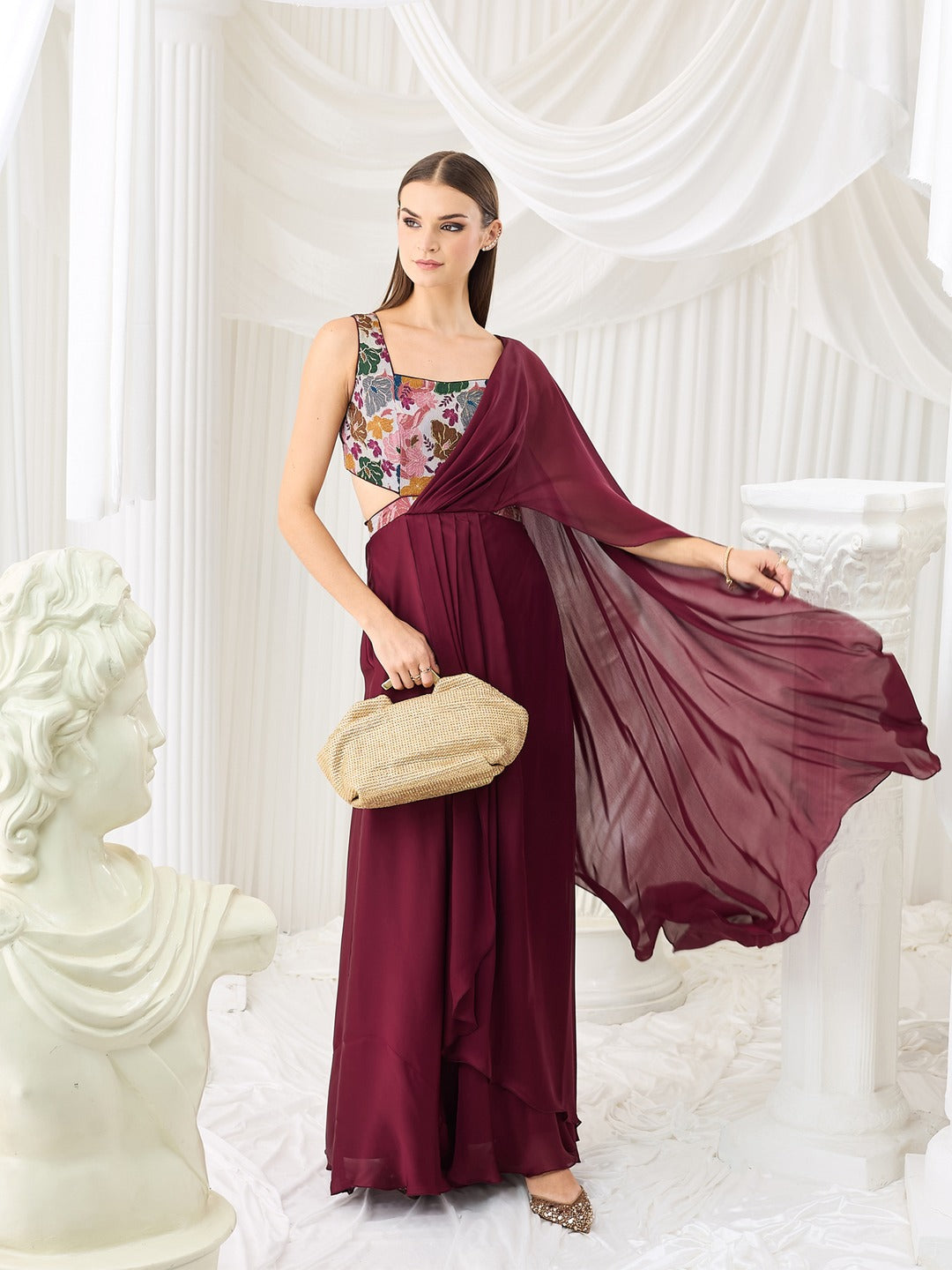 Luxe Layered Satin Gown in Wine with Square Neck & Floral Design for Women