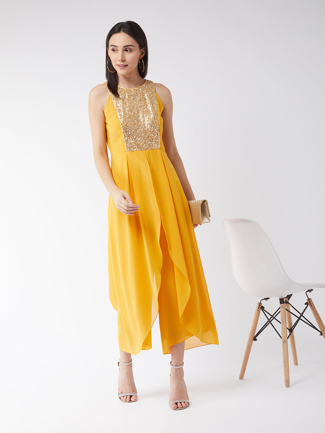 Women's Mustard Halter Neck Sleeveless Sequined Party Jumpsuit