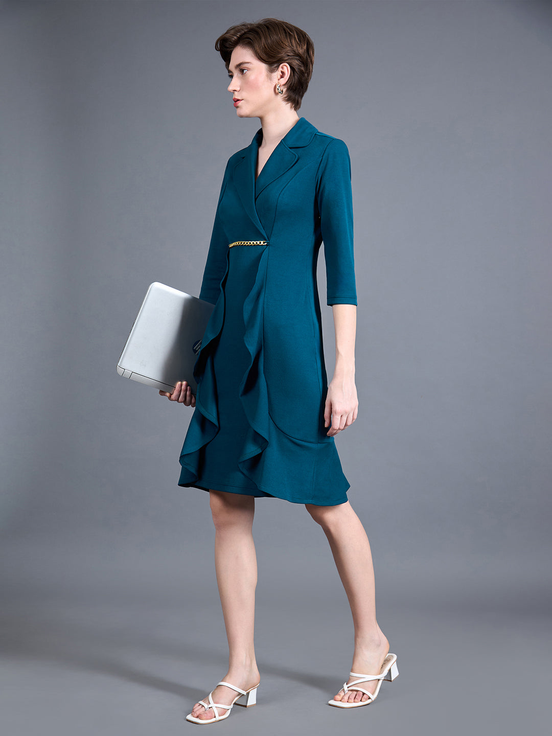 Women's Teal Solid Notched Collar 3/4 Sleeve Blazer Polyester Knee-Long Dress