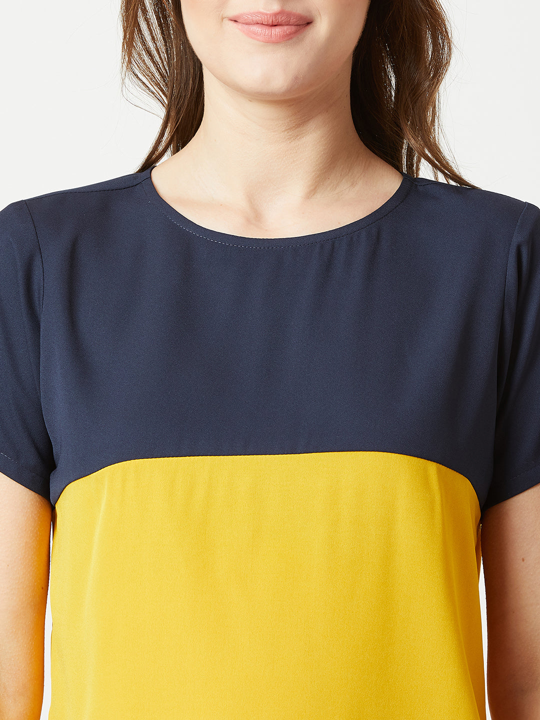 Women's Multicolored With A Navy Blue Base Round Neck Short Sleeve Solid Boxy Color block Top