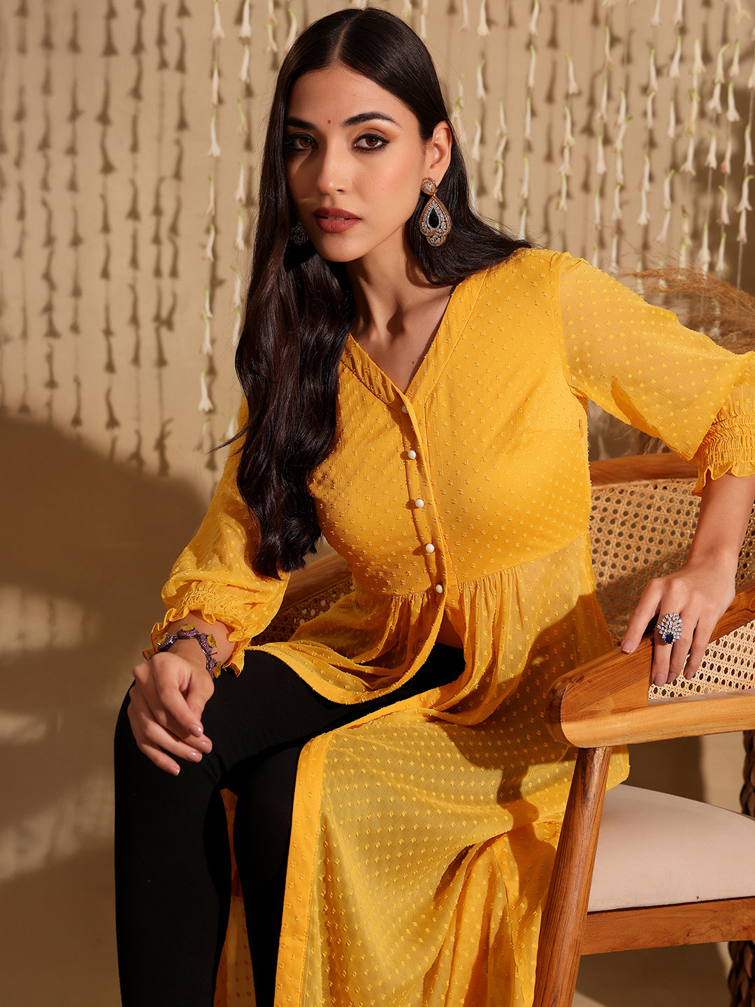 Women's Mustard Yellow V-Neck 3/4 Sleeves solid empire Maxi Top