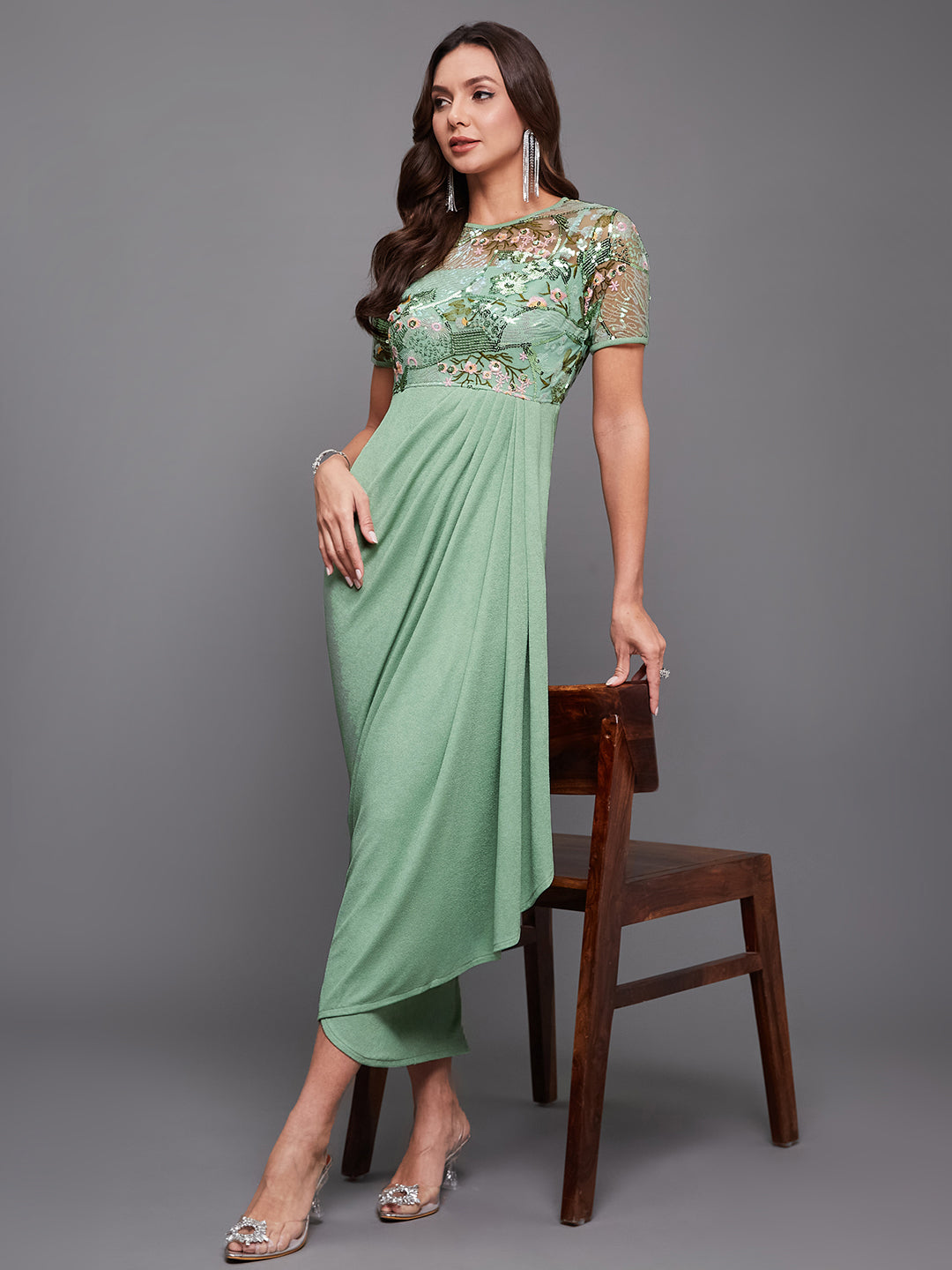 Women's Mint Round-Neck Half-Sleeve Embroidered Draped Polyester Midi Dress