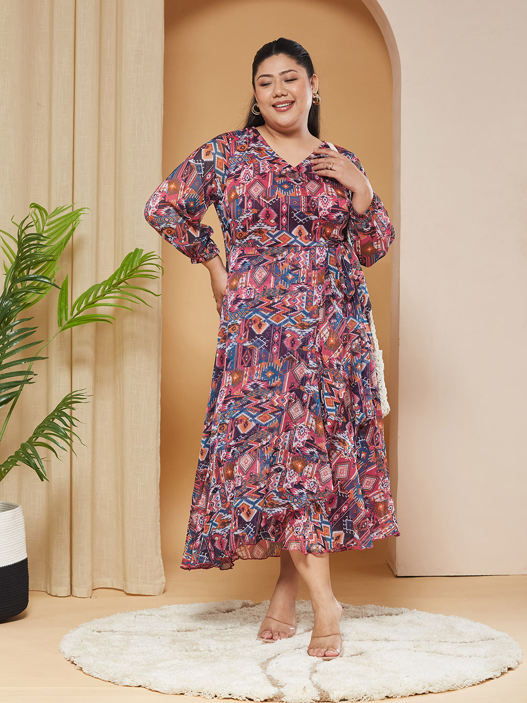 Multicolored V-Neck Three-Quarter-Sleeves Geometric Patterned Wrap Midi Chiffon Dress for Women