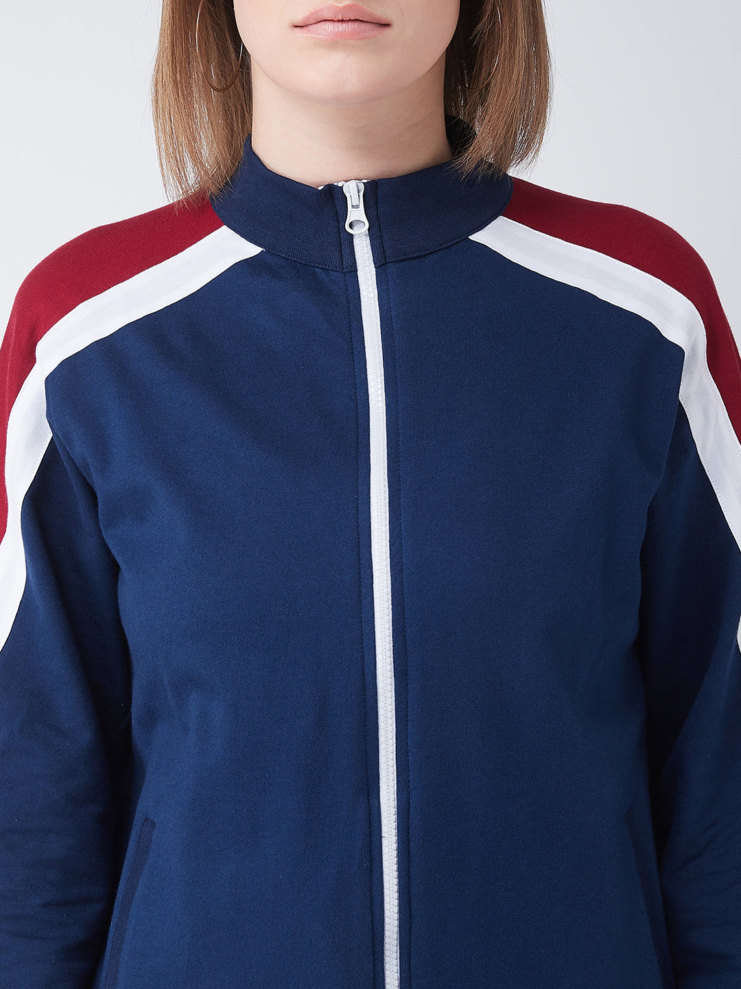 Women's Multicolored-Base-Navy Blue Turtle-neck Full sleeves Solid Color-Block Regular Jacket