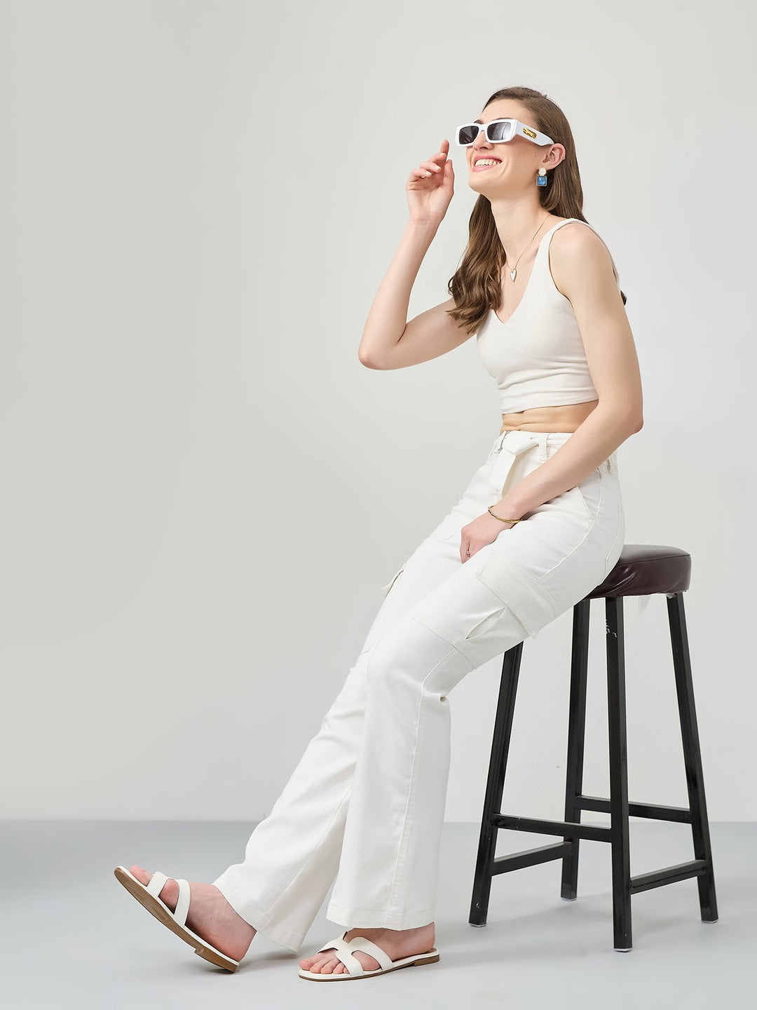 White Wide Leg high-rise Regular Stretchable Denim Jeans for Women