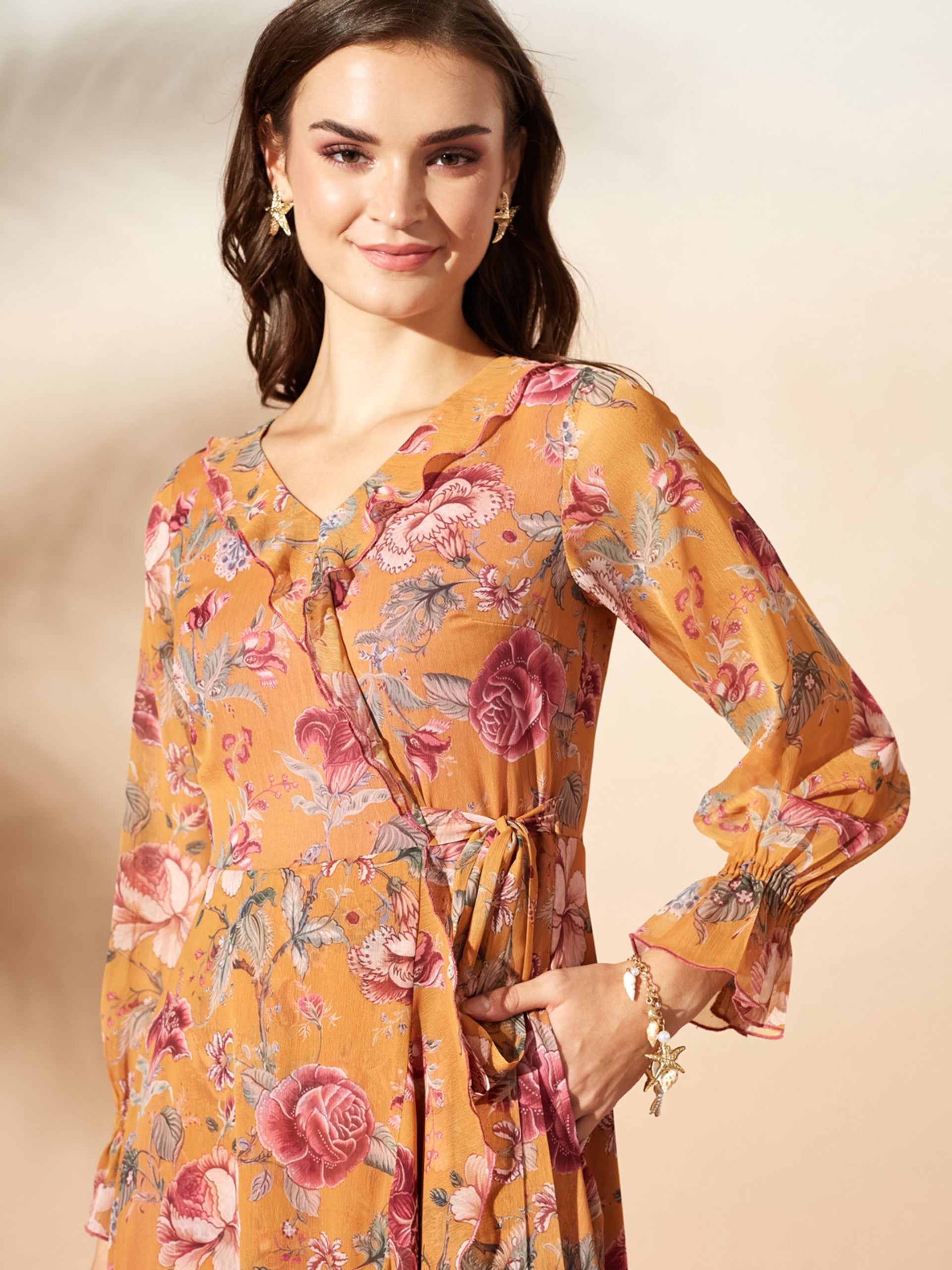 Women’s Multicolored Mustard Bohemian Ruffled Tie-Up Midi Chiffon Dress for Women