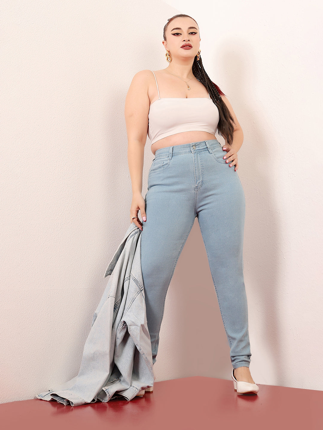 Women's Light Blue Skinny High-Rise Distressed Ice-Wash Denim Jeans