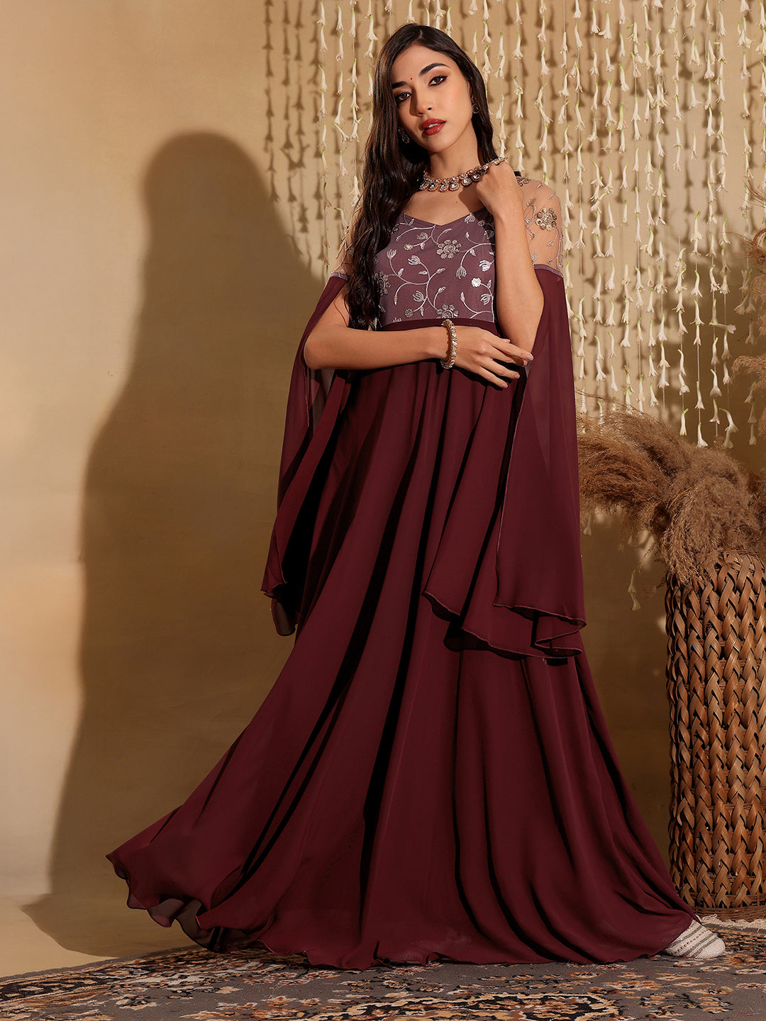 Women's Wine V-Neck Flared Long sleeve Embroidered Fit & Flare Maxi Dress