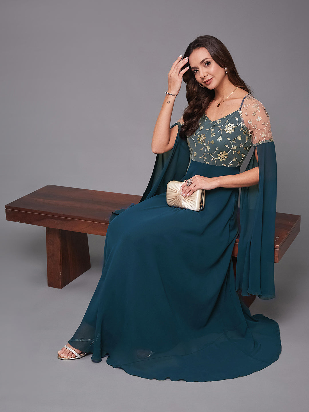 Women's Teal V-Neck Full Sleeve Embroidered Fit & Flare Georgette Maxi Dress