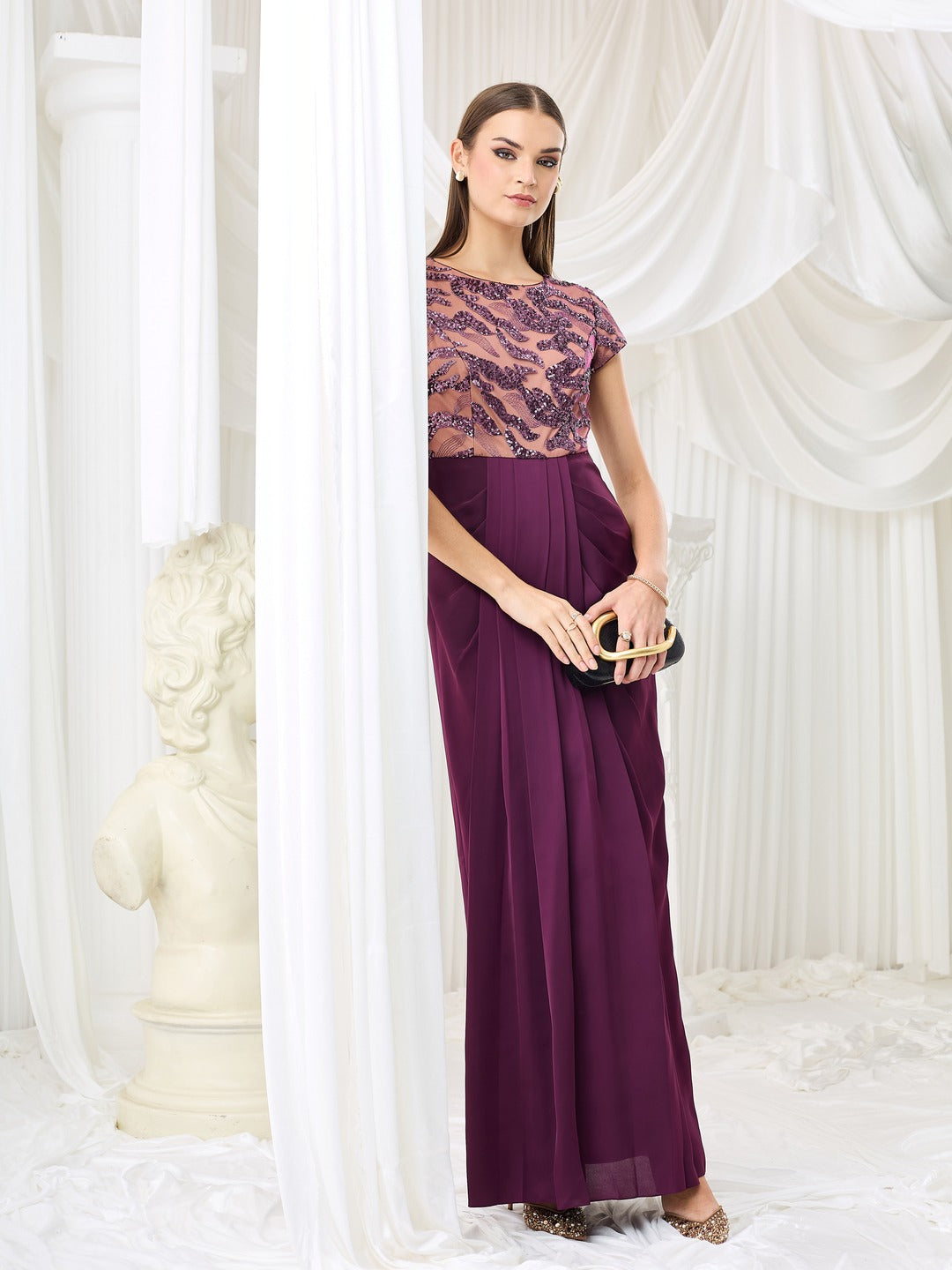 Luxe Pleated Satin Gown in Purple with Round Neck & Embellishments for Women
