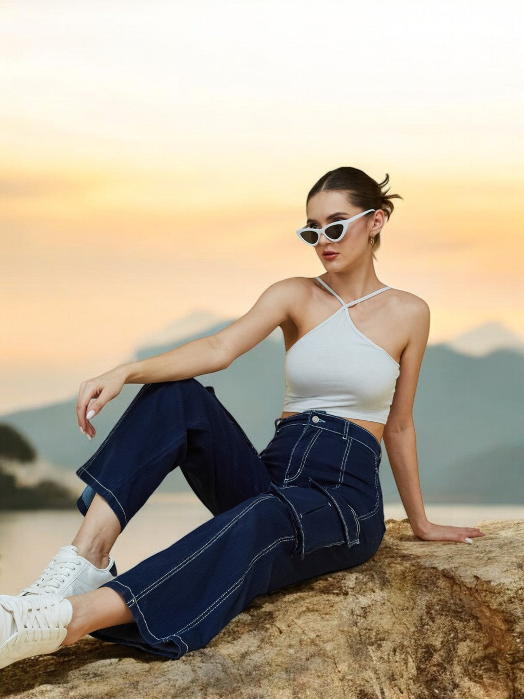 Women's Navy Blue Wide-Leg High-Rise Clean-Look Regular Stretchable Denim Jeans