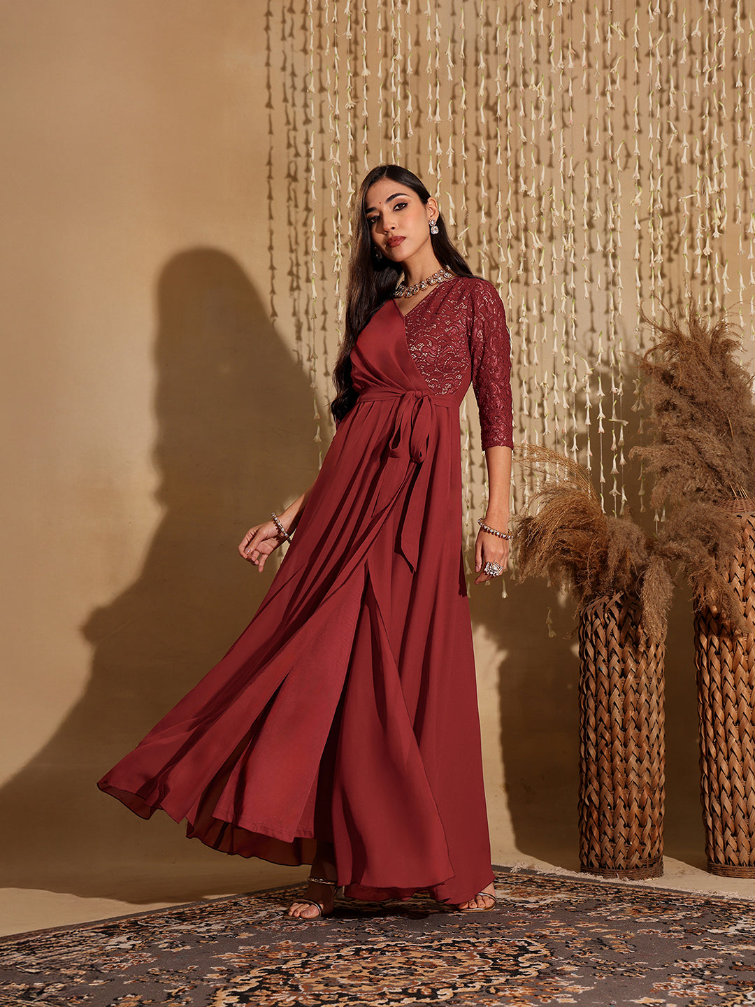 Women's Brick Red V-Neck 3/4 Sleeve Self-Designed Wrap Styled Georgette Maxi Dress