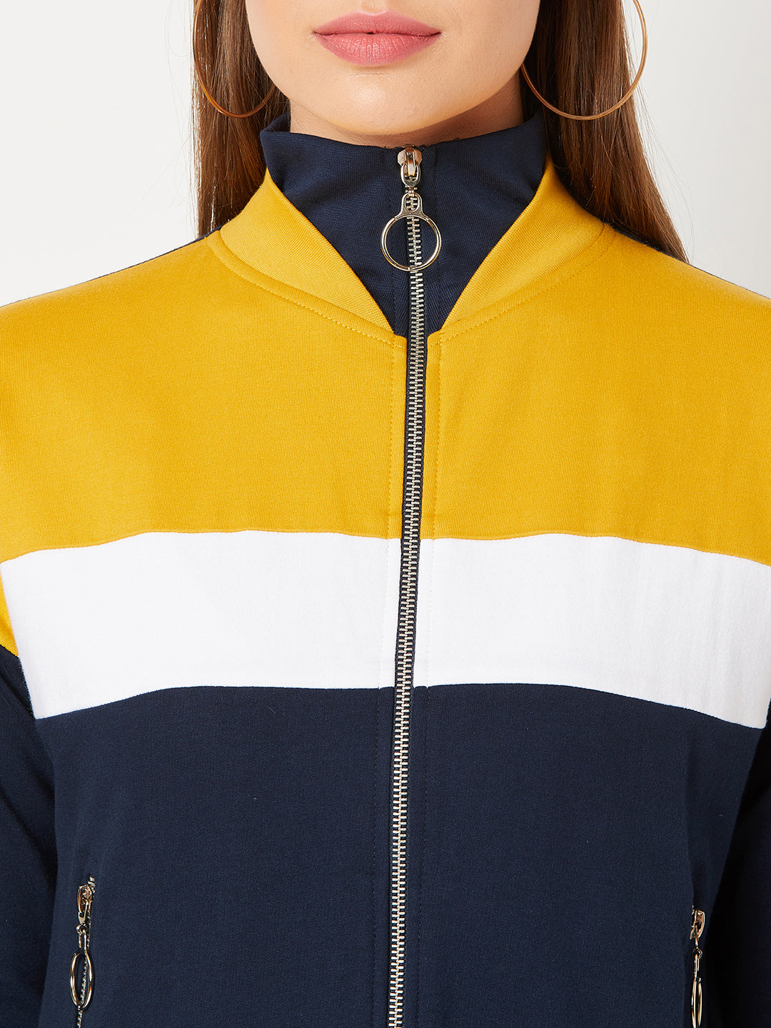 Multicolored-Base-Navy-Blue Turtle-neck Full sleeved Solid Color-Block Jacket for Women — Miss Chase