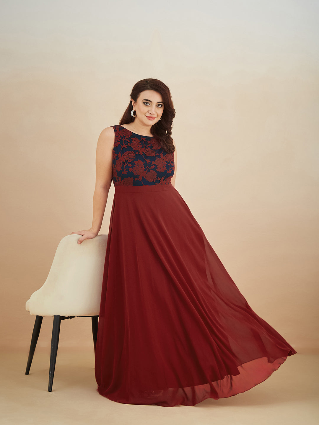 Maroon & Teal Boat-Neck Sleeveless Self Design Lace Overlaid Maxi Dress for Women — Miss Chase A+