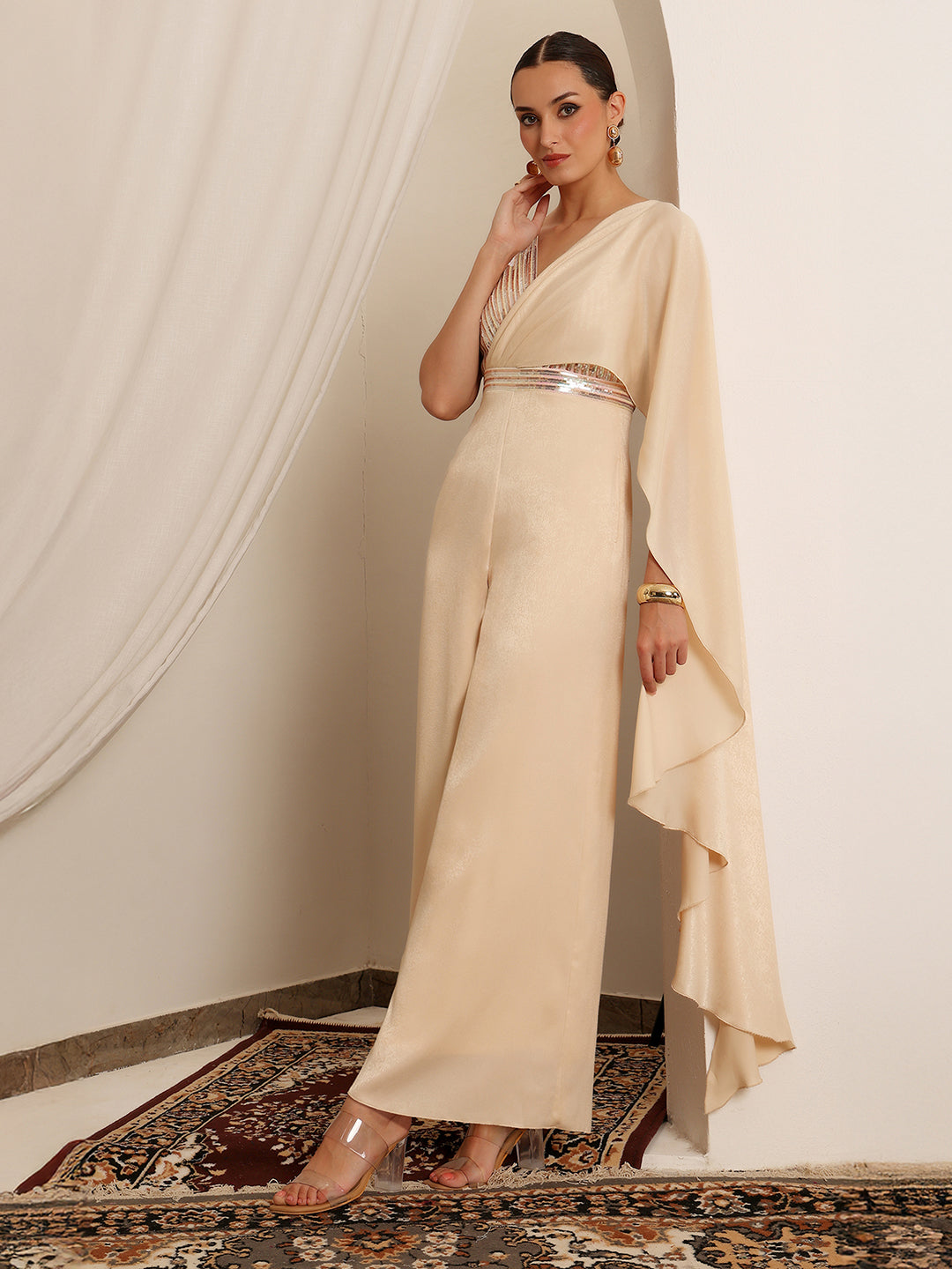 Bose Ivory Embellished Pleated Satin Jumpsuit