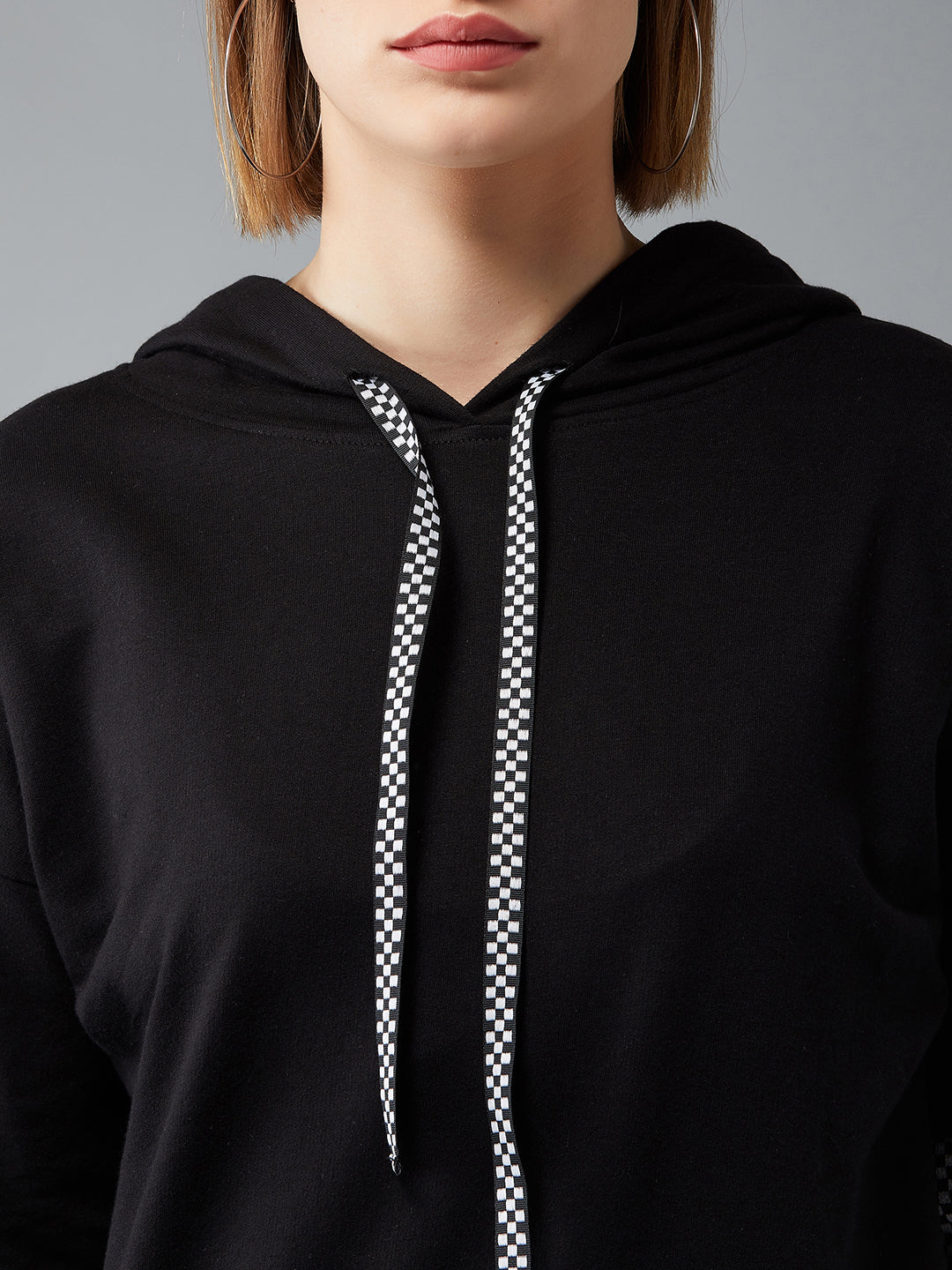 Women's Black Round Neck Full Sleeves Ribbed Solid Drop Shoulder Boxy Regular Length Hooded Sweatshirt