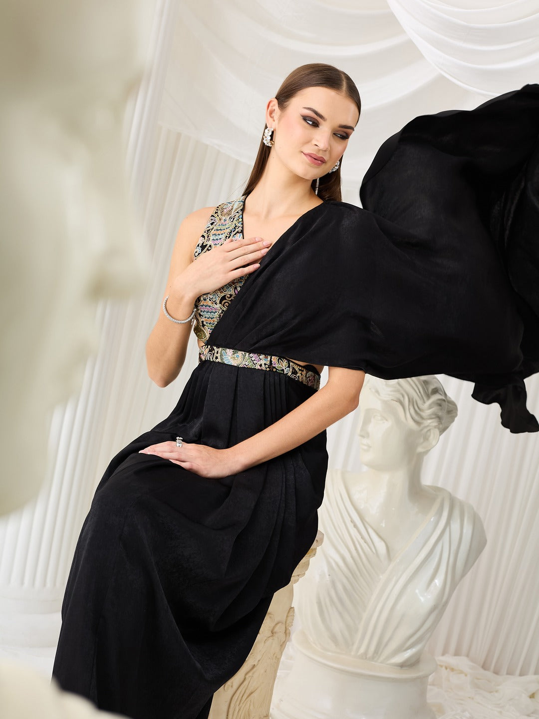 Black V-Neck Asymmetric Embroidered Draped Satin Maxi Dress for Women