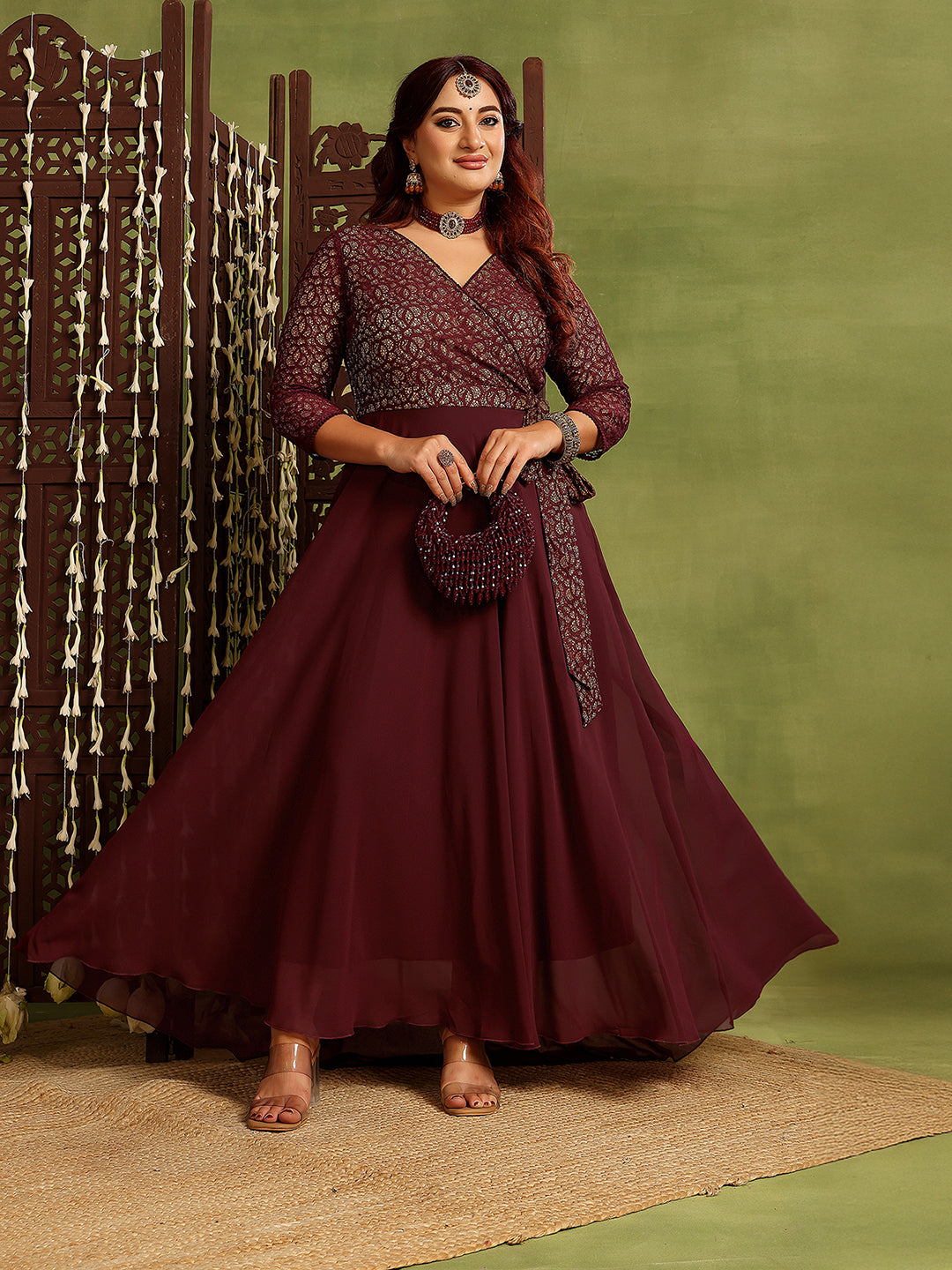 Women's Wine V-Neck Three-Quarters Sleeve Floral Wrap Georgette Maxi Dress
