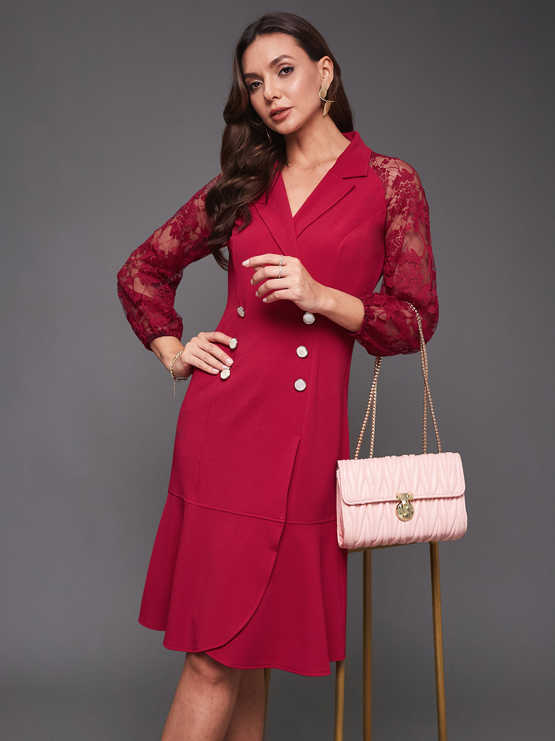 Women's Dark Pink V-neck Full Sleeves Solid Blazer Knee Length Dress