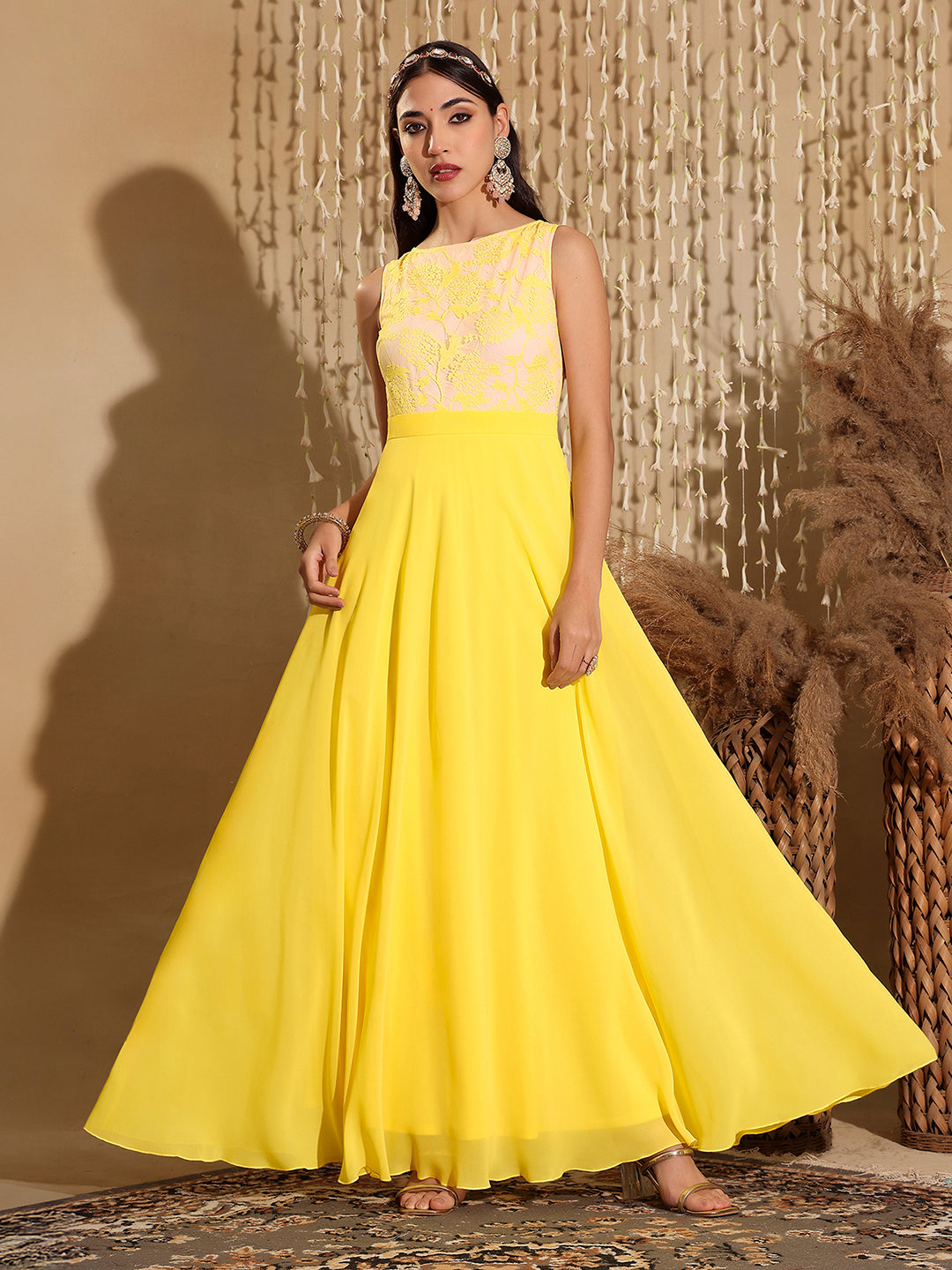 Women's Light Yellow Round Neck Sleeveless Georgette & Lace Floral Fit & Flare Maxi Dress