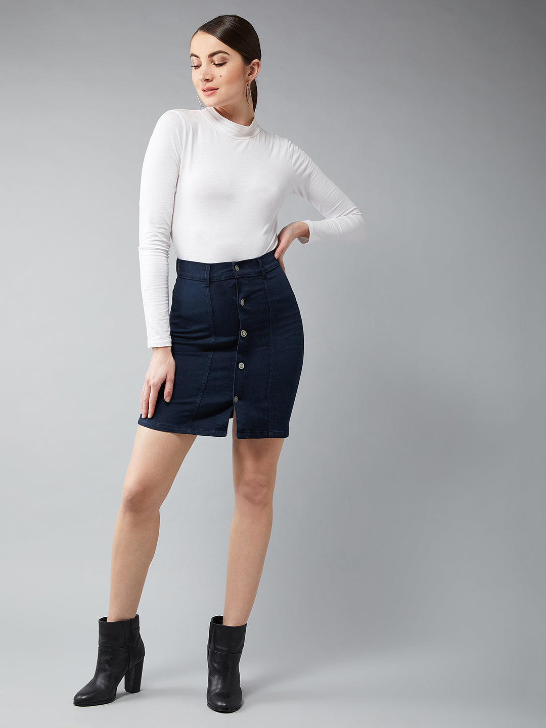 Women's Navy Blue Stretchable Solid A-line Mini Denim Skirt