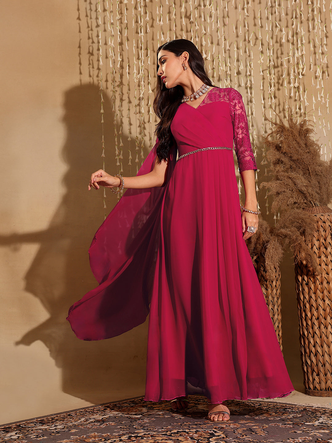 Women's Dark Pink V-Neck Asymmetric Self-Designed Georgette Maxi Dress